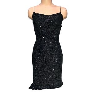 Wet Seal Vintage True Y2K Black Silver Glitter Hi-Lo Stretch Slip Dress Prom S